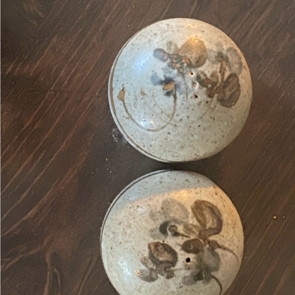 Hand-Painted Stone Salt and Pepper Shakers - Beige with Brown Floral